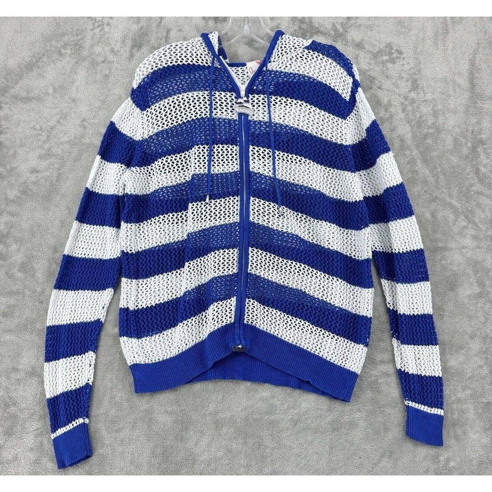 Quacker Factory Sweater Womens XL Striped Open Knit Full Zip Hooded Nautical